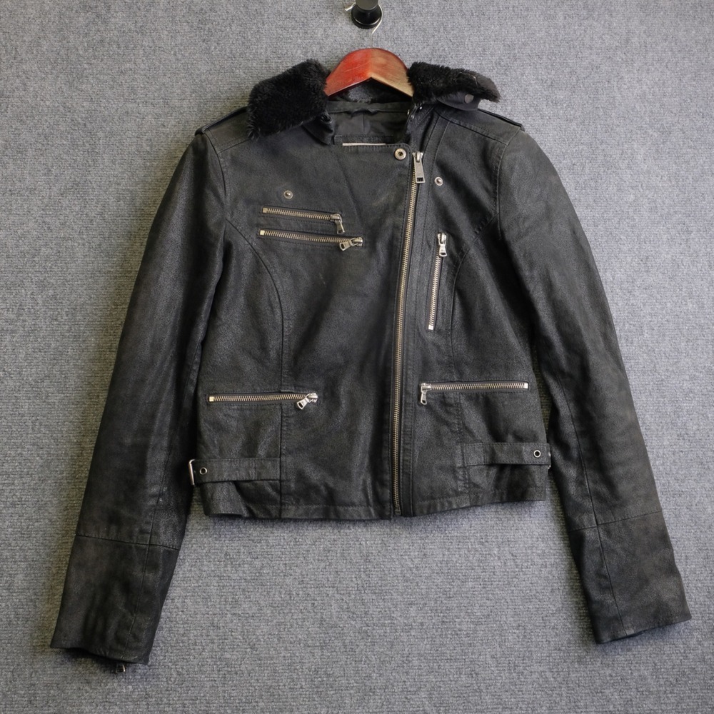 Levis Jacket Womens Small Black Moto Biker Jacket Genuine Leather Faux Furr Trim